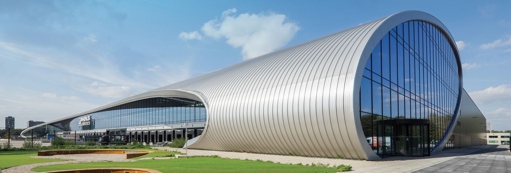 Front view of tube-shaped DC New Logic III distribution centre.